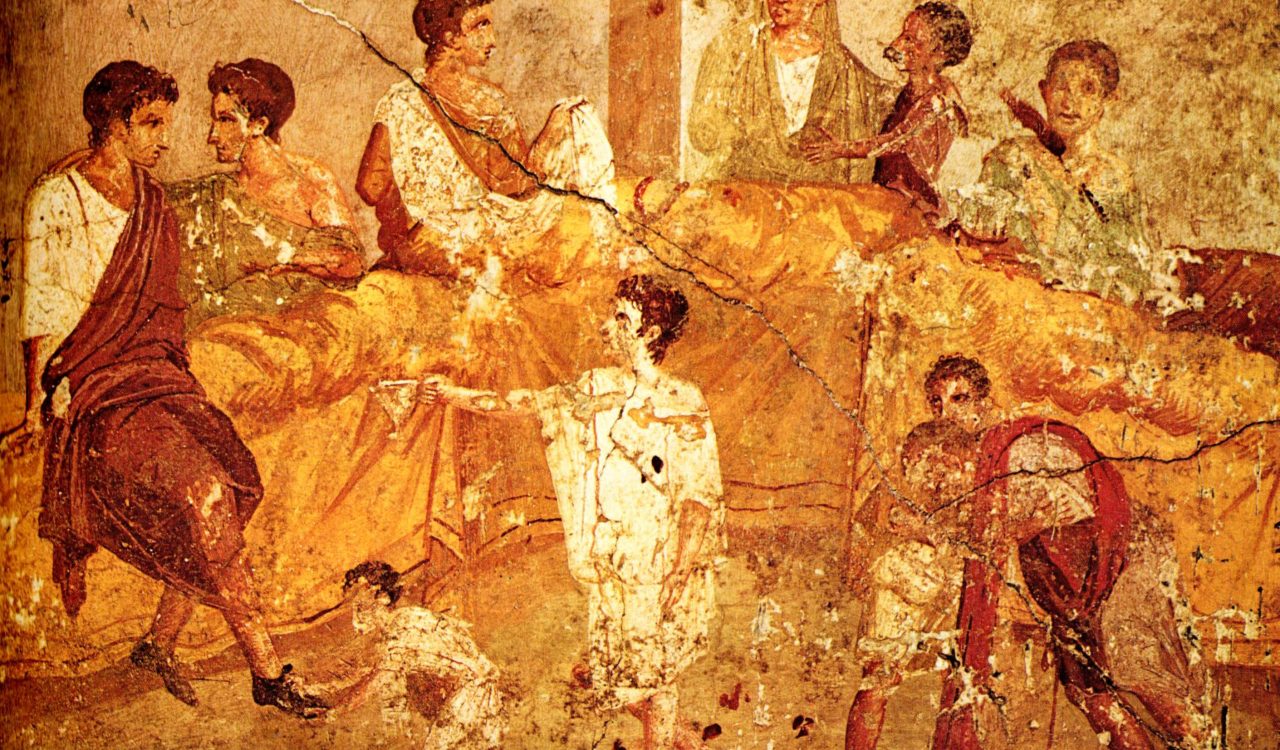 An ancient painting of people gathered around feasting with friends.