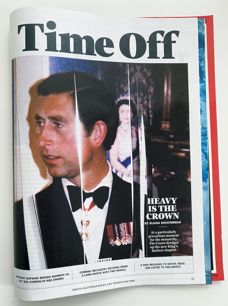 3. A full-page magazine featuring a sliced-up image of King Charles with a painting of Queen Elizabeth II in the background.