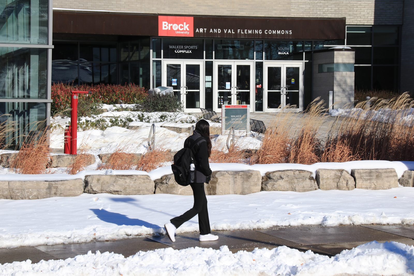 A Brock University student walks on the sidewalk in front of the Art and Val Fleming Commons. Snow covers the lawn and bushes around her.