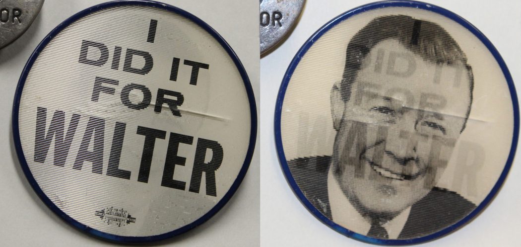 Two side-by-side views of the lenticular button showing the alternating images of a portrait and a slogan.