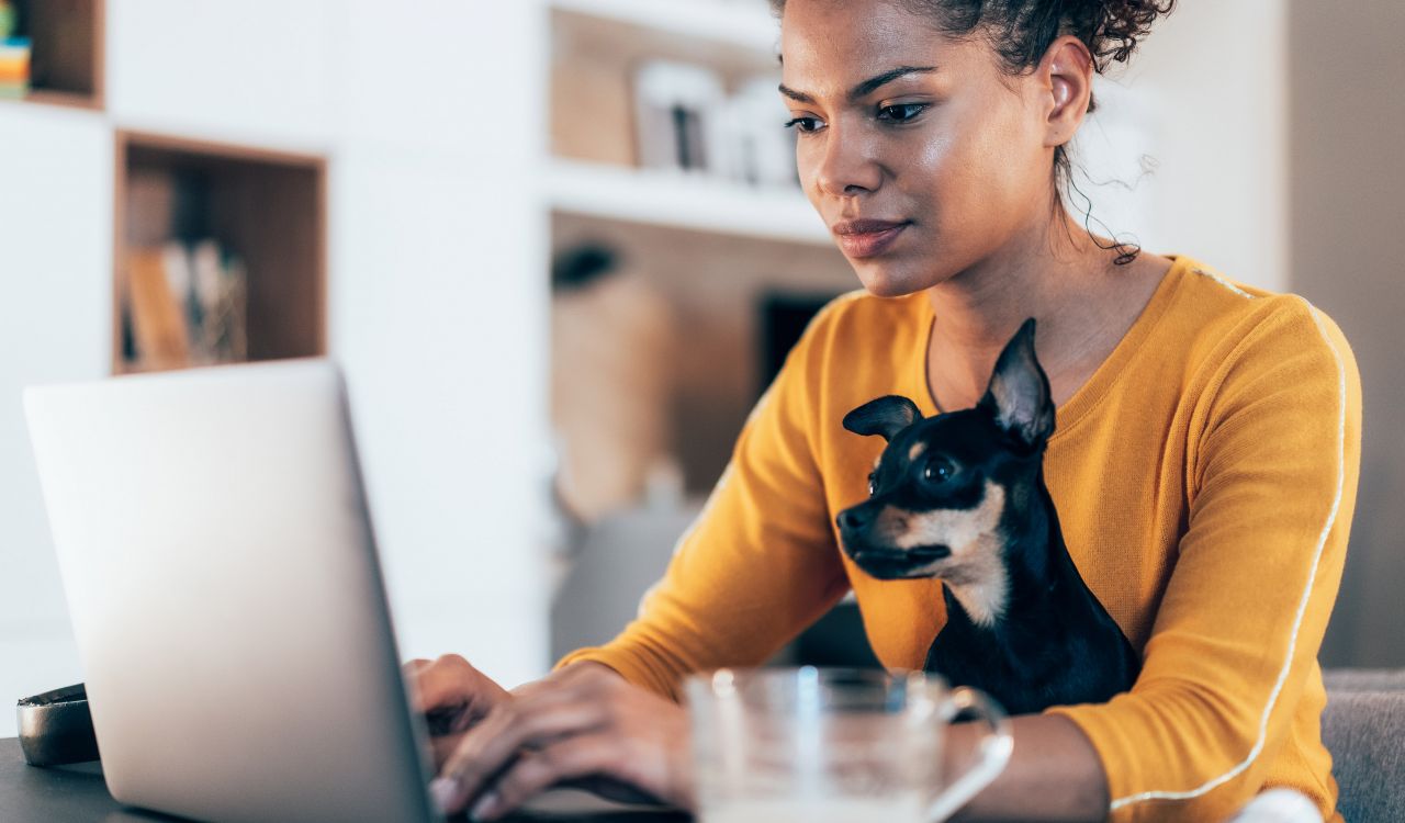 A women remotely at home. She is typing on a laptop with a small dog on her lap.