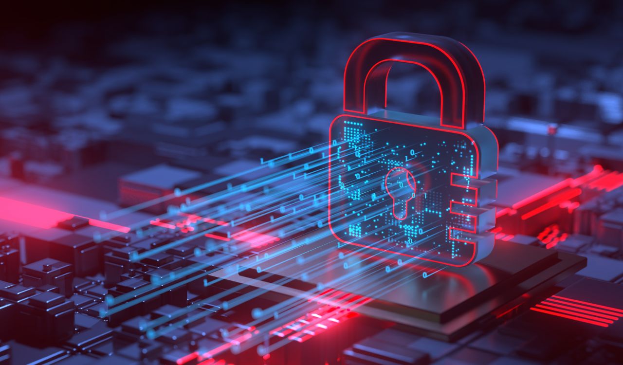 A digital illustration of a lock on top of the inner components of a computer mainframe