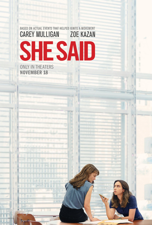 movie poster for She Said features two women in a windowed office listening to a phone being held between them