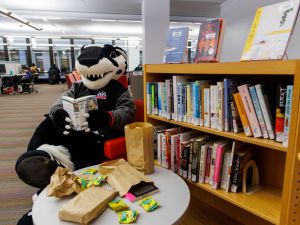 A badger mascot sits reading a novel next to a large bookshelf of books. On a table near the mascot lays a few brown paper lunch bags with snacks peaking out of them.