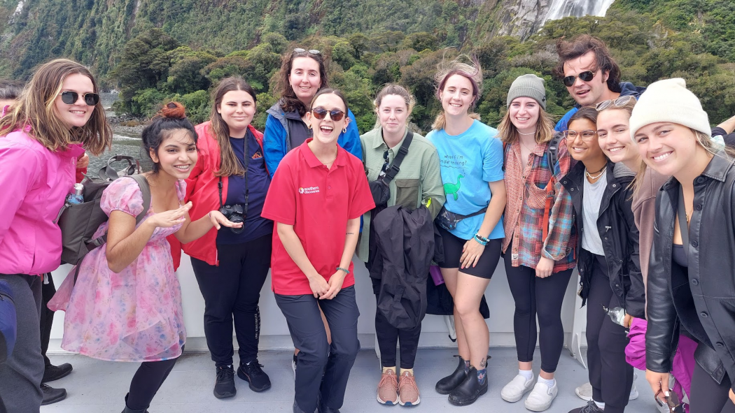 A group of Brock students on a nature cruise in Fiordland National Park, New Zealand.