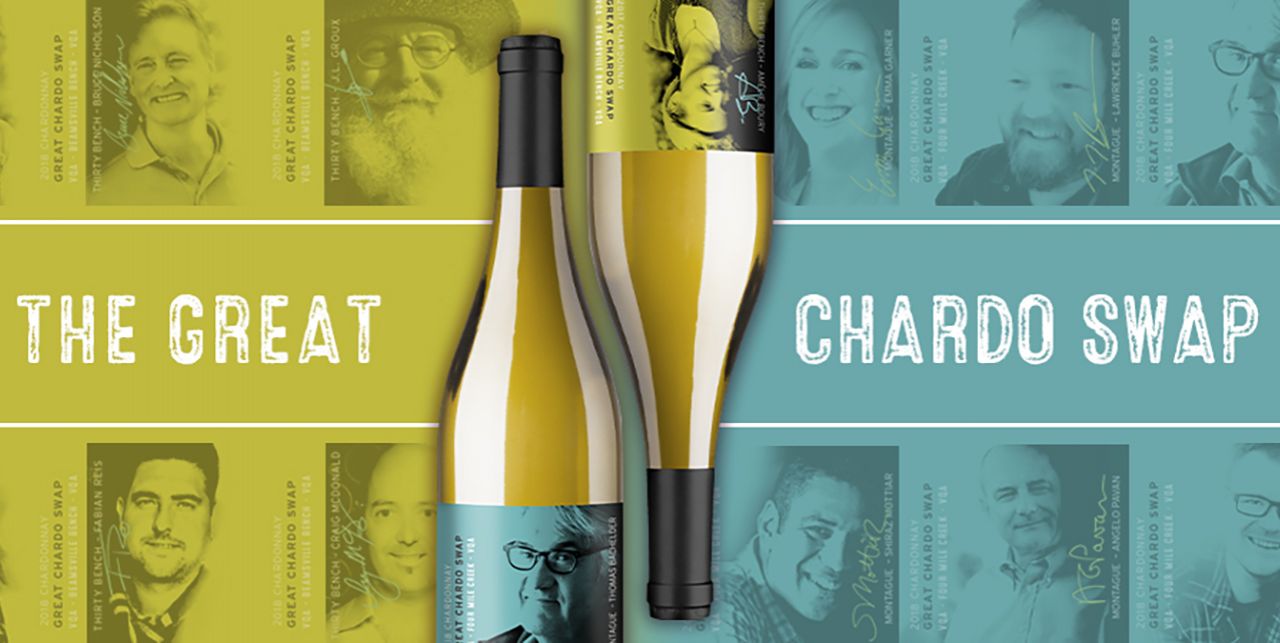 Graphic showcasing the 12 Great Chardo Swap wine labels, including headshots of each winemaker.