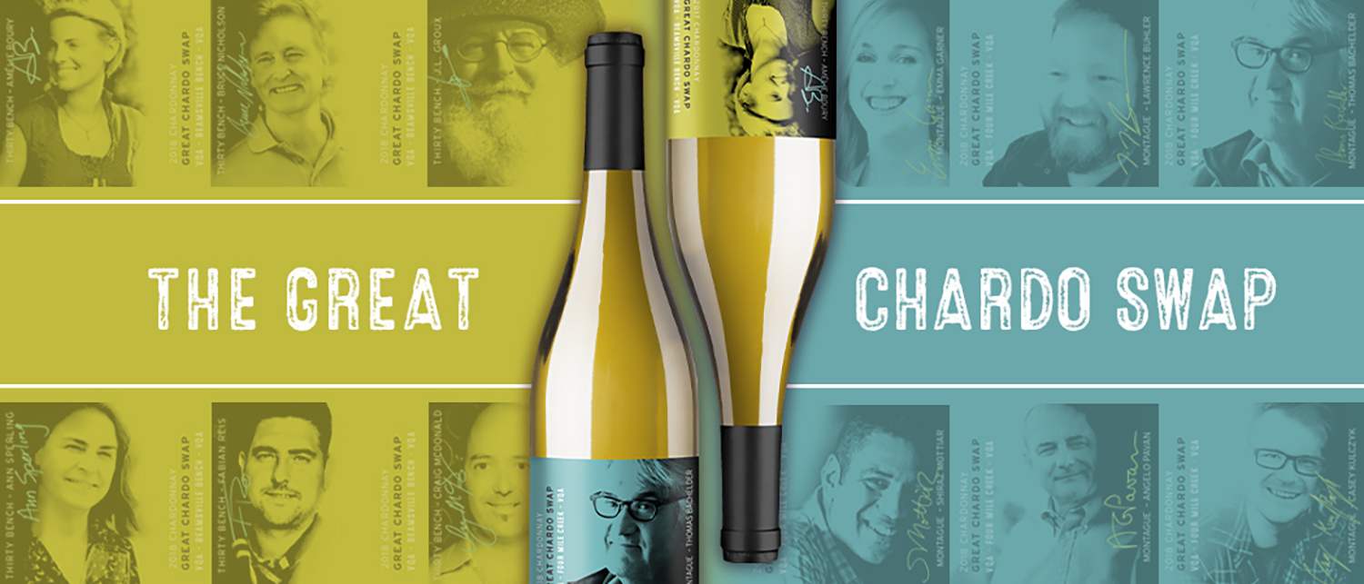 Graphic showcasing the 12 Great Chardo Swap wine labels, including headshots of each winemaker.