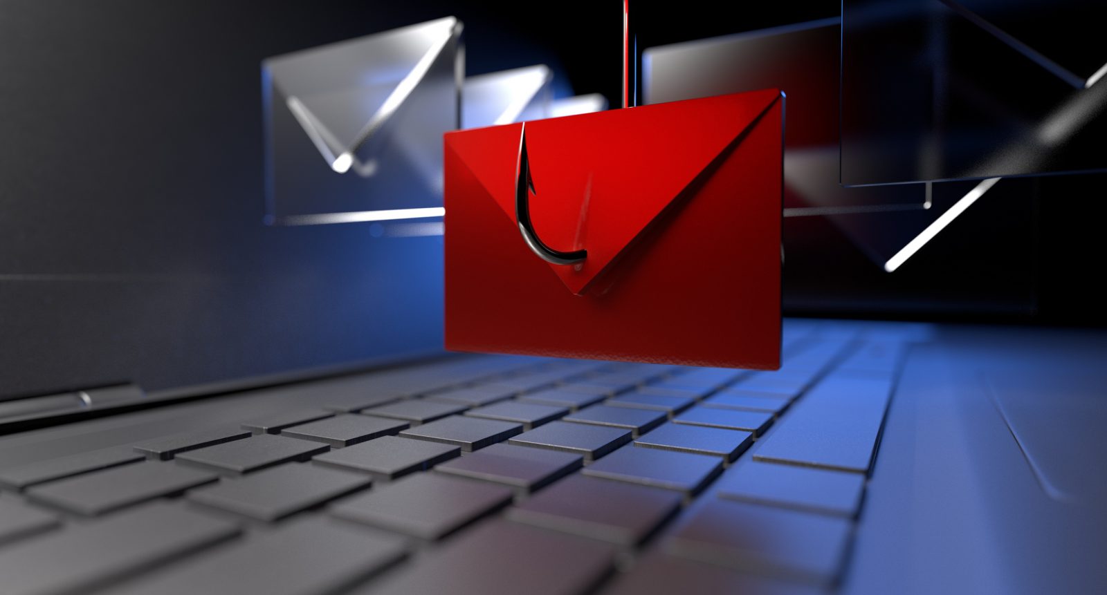 In this close up digital illustration of a laptop computer, a fishing hook snags a red envelope that is hovering over the laptop keyboard. Several other clear envelopes surround the red envelope.