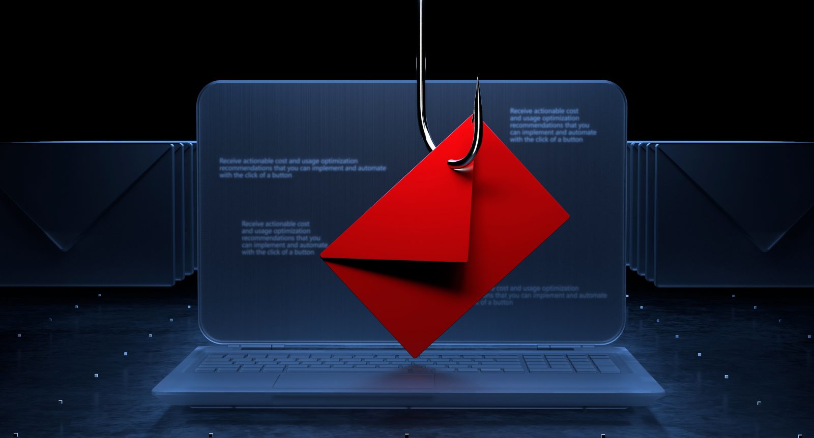 A digital illustration of a laptop with a fishing line dropping on top of it hooked with a bright red envelope, indicating a malicious email.