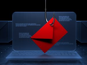 A digital illustration of a laptop with a fishing line dropping on top of it hooked with a bright red envelope, indicating a malicious email.