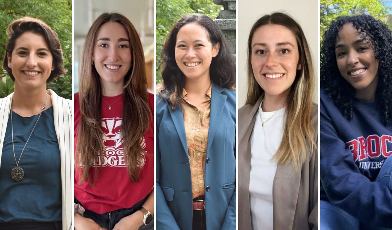 A photo collage of five vertical panels featuring the organizing committee of the 2023 Women in STEM event. Each panel has one of the members on alternating backgrounds of green foliage and white walls. They are dressed in a selection of business casual attire and brock university branded shirts.