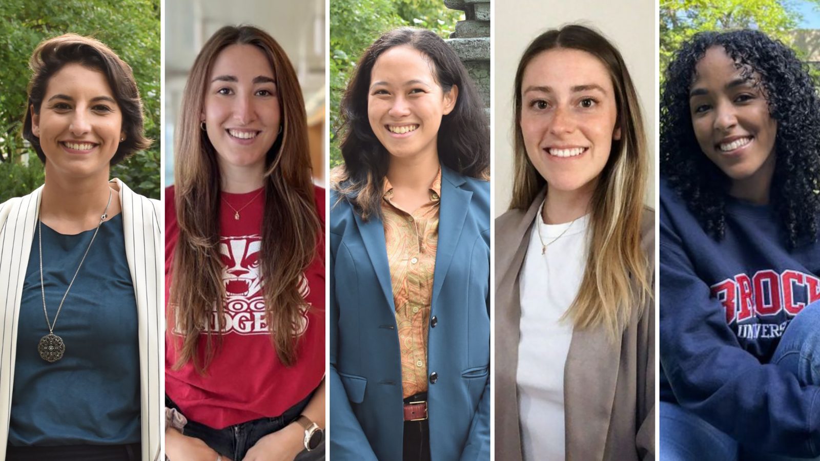 A photo collage of five vertical panels featuring the organizing committee of the 2023 Women in STEM event. Each panel has one of the members on alternating backgrounds of green foliage and white walls. They are dressed in a selection of business casual attire and brock university branded shirts.