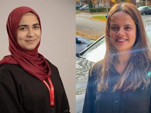 A collage of two portrait photos of young women.