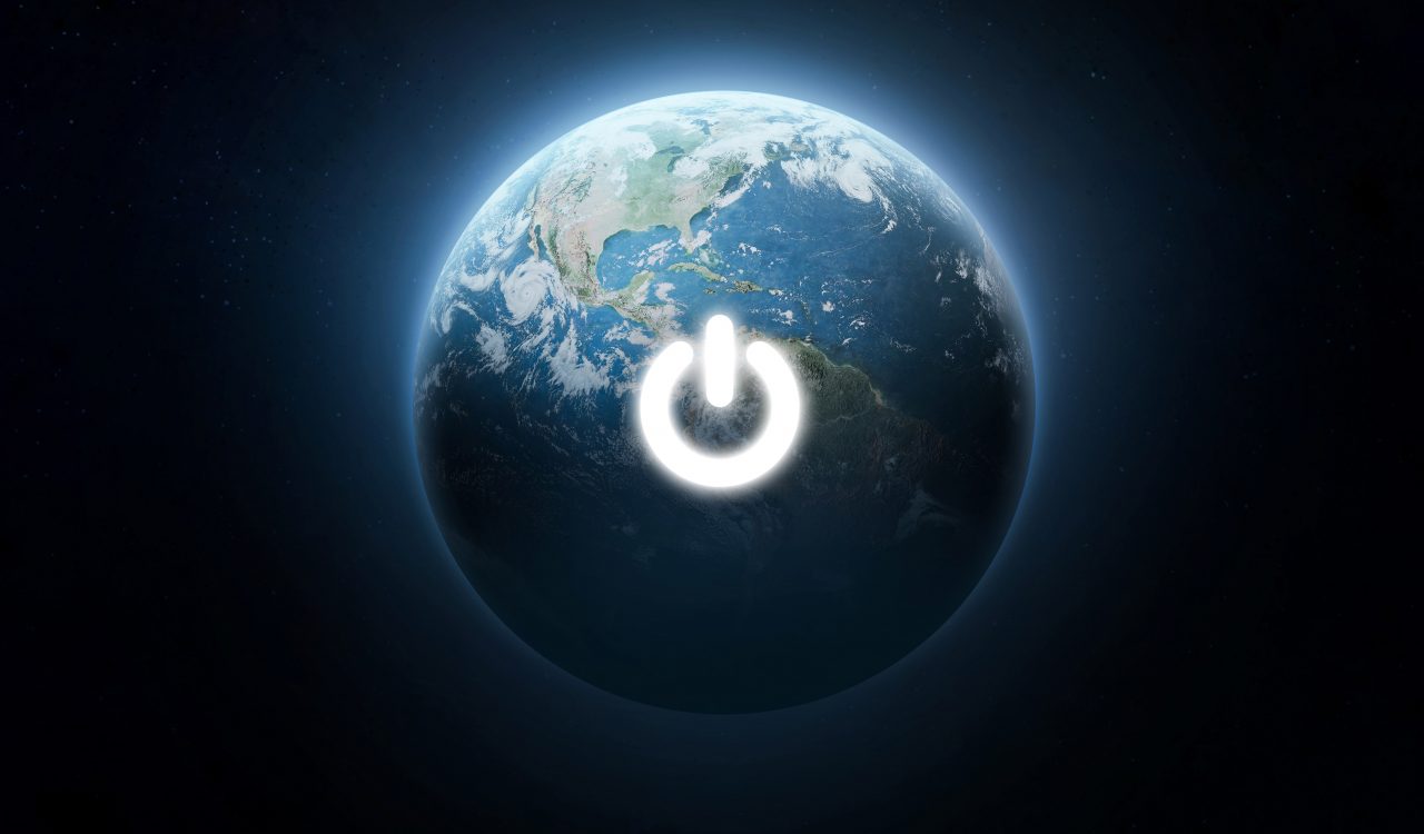 A photo of planet Earth with a power button in the middle of it.