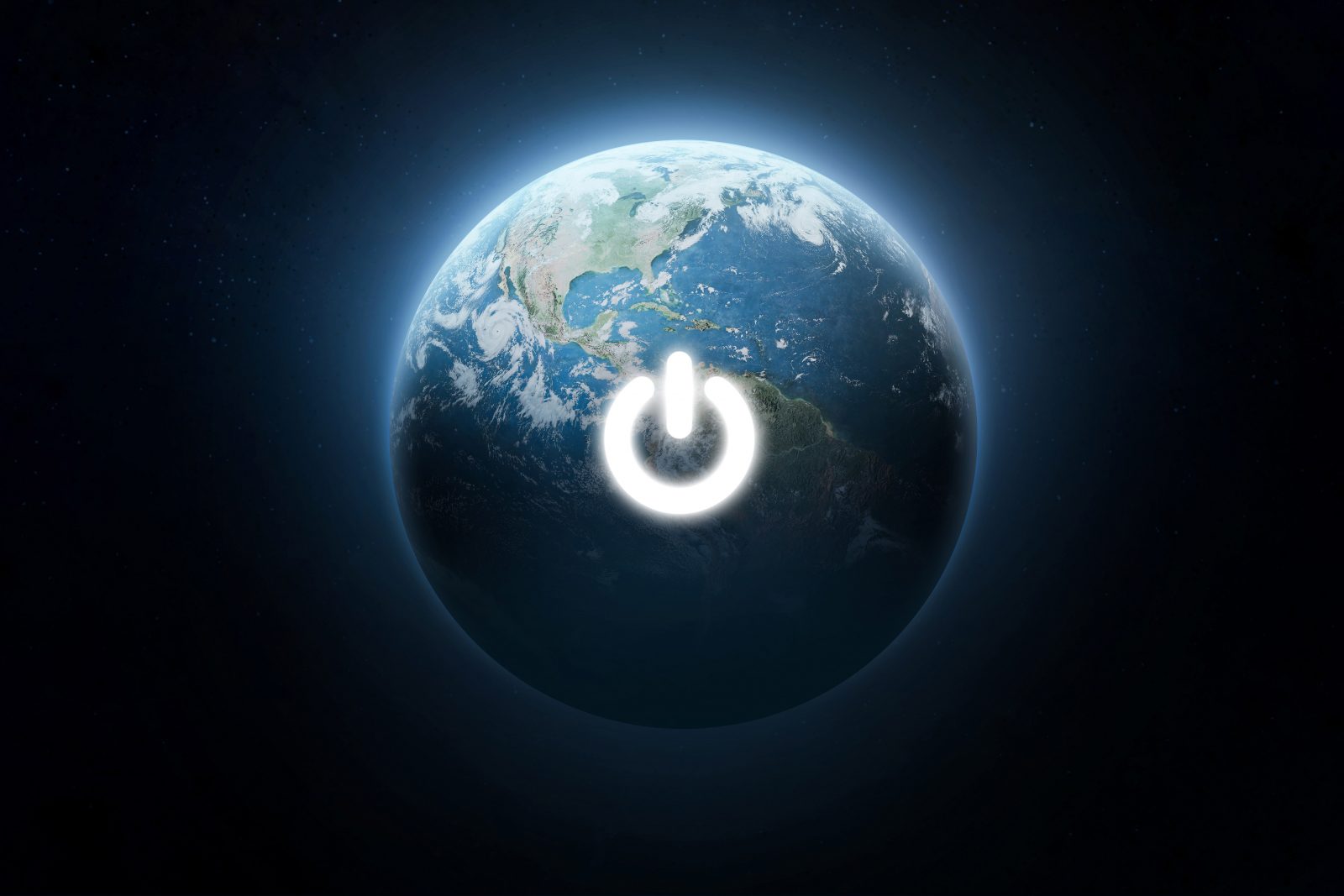 A photo of planet Earth with a power button in the middle of it.