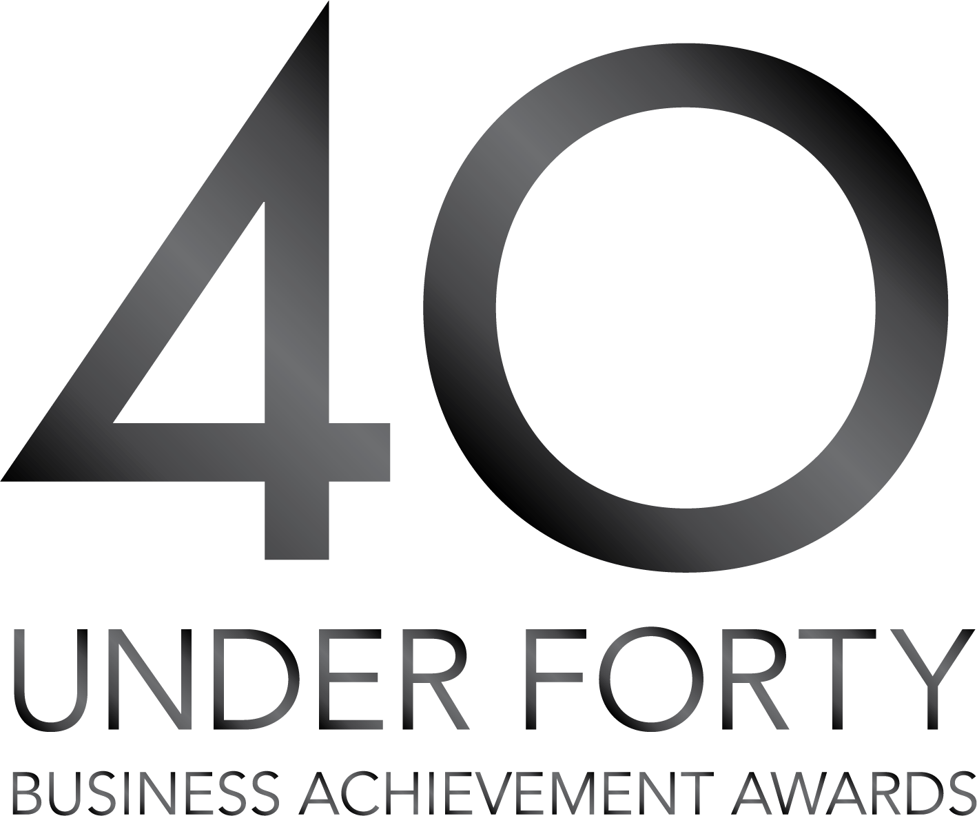 A silver 40 Under Forty Business Achievement Awards logo against a white background.
