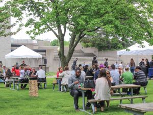 Brock employees enjoy a barbeque luncheon as part of a past Mental Health Week event in Jubilee Court in 2019.