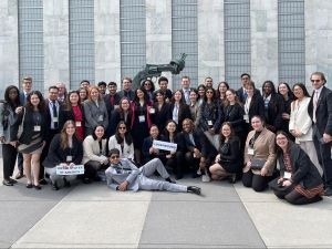 The Brock Model UN team stands in front of the UN Headquarters in New York City.