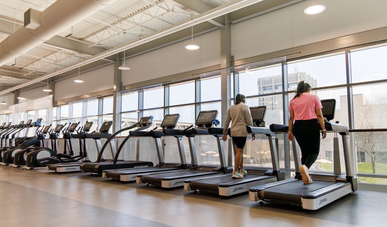 Two women walk on treadmills inside a gym surrounded by natural light.