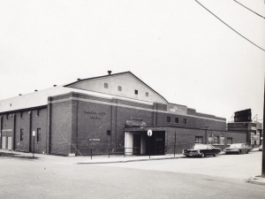 A black and white image of a building.