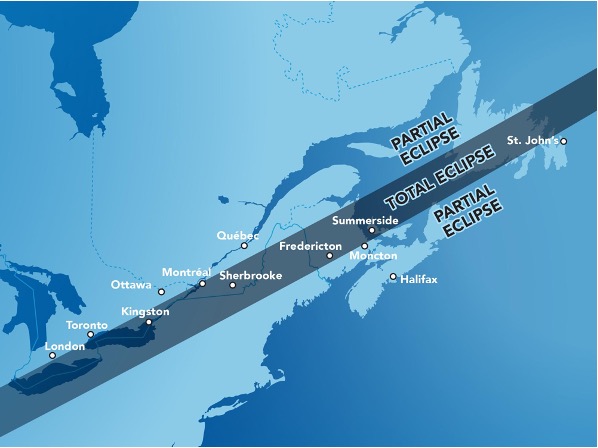 A digital illustration consisting of a portion of a map of Canada. It shows a shaded black line known as the ‘path of totality,’ illustrating where the total solar eclipse will occur in 2024.