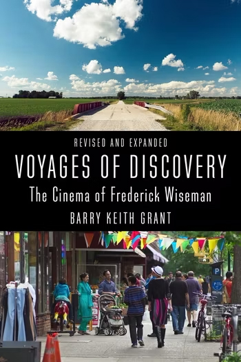 A book cover that features a rural scene with an open road bordered by fields and clouds in the sky in the top third, the title and author in the middle third and an urban image showing people walking, bicycles, strollers and shops on a busy sidewalk in the lower third.