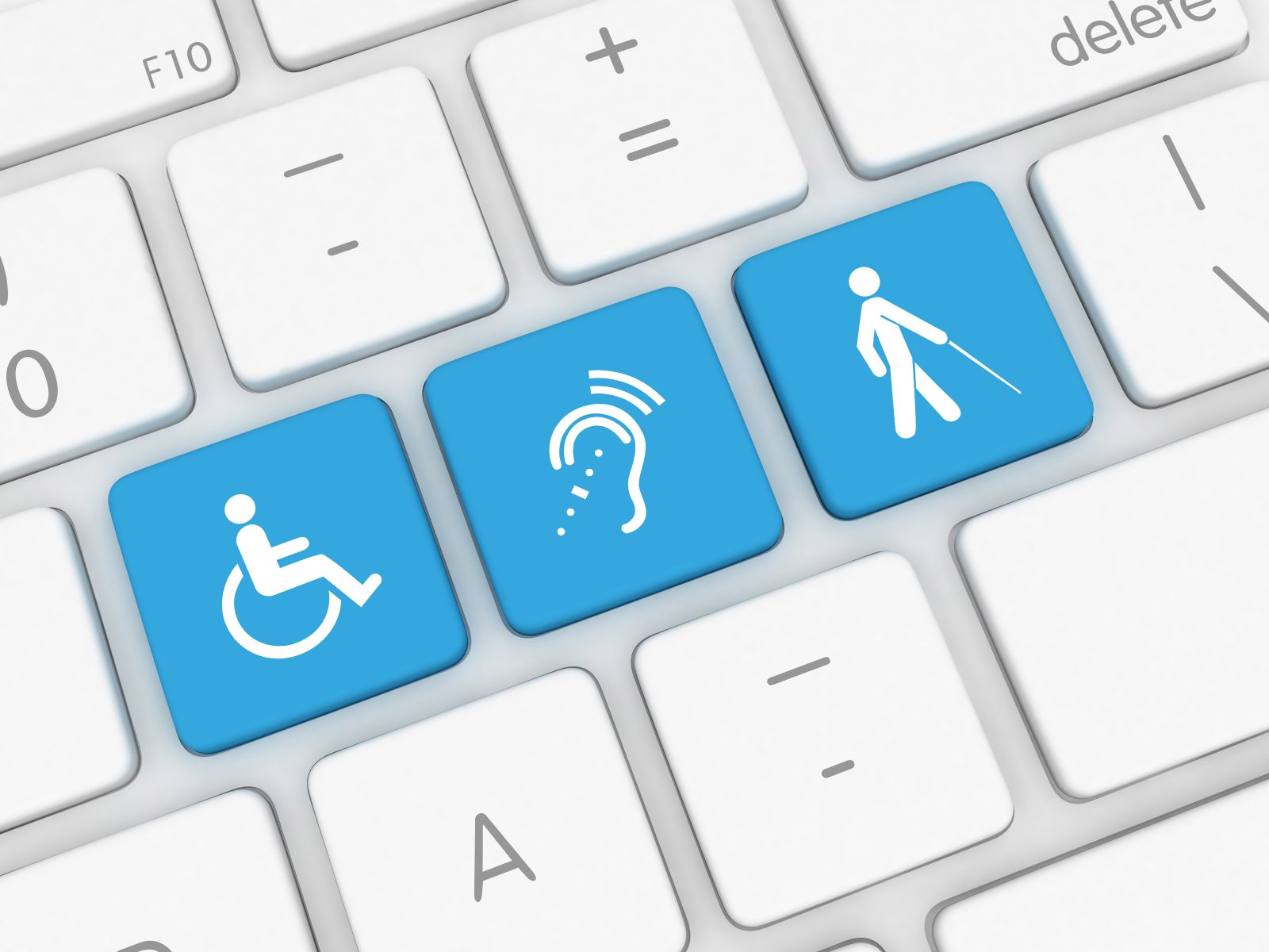 A keyboard with keys showing different accessibility icons.