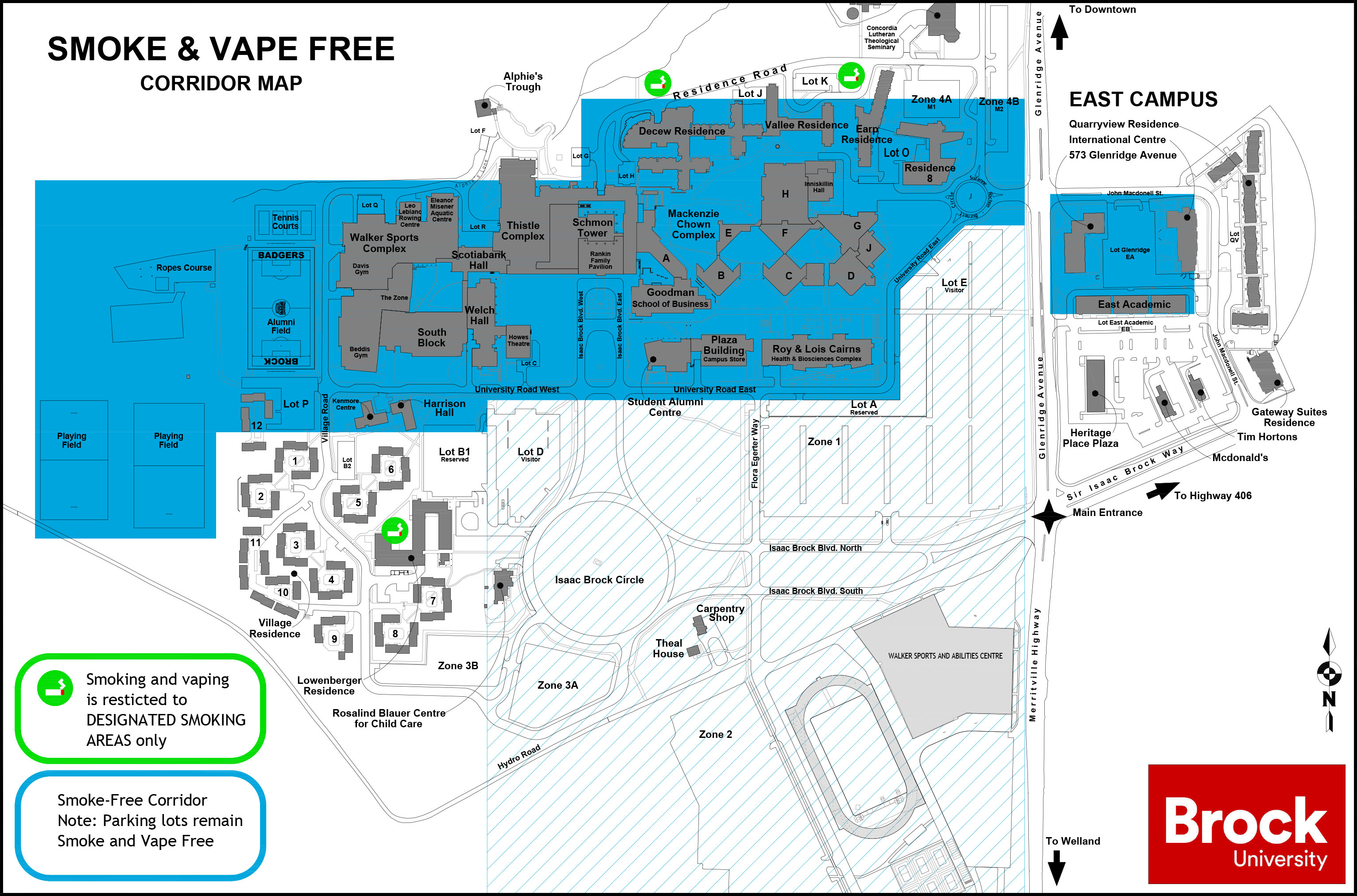 Map of Designated Smoking Areas at Brock University.
