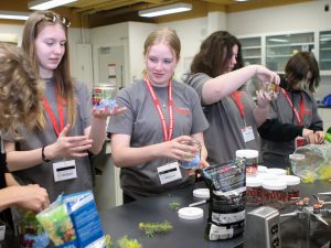Five high-school aged students hold and examine small glass cylinders they have filled with aquarium rock and plants.