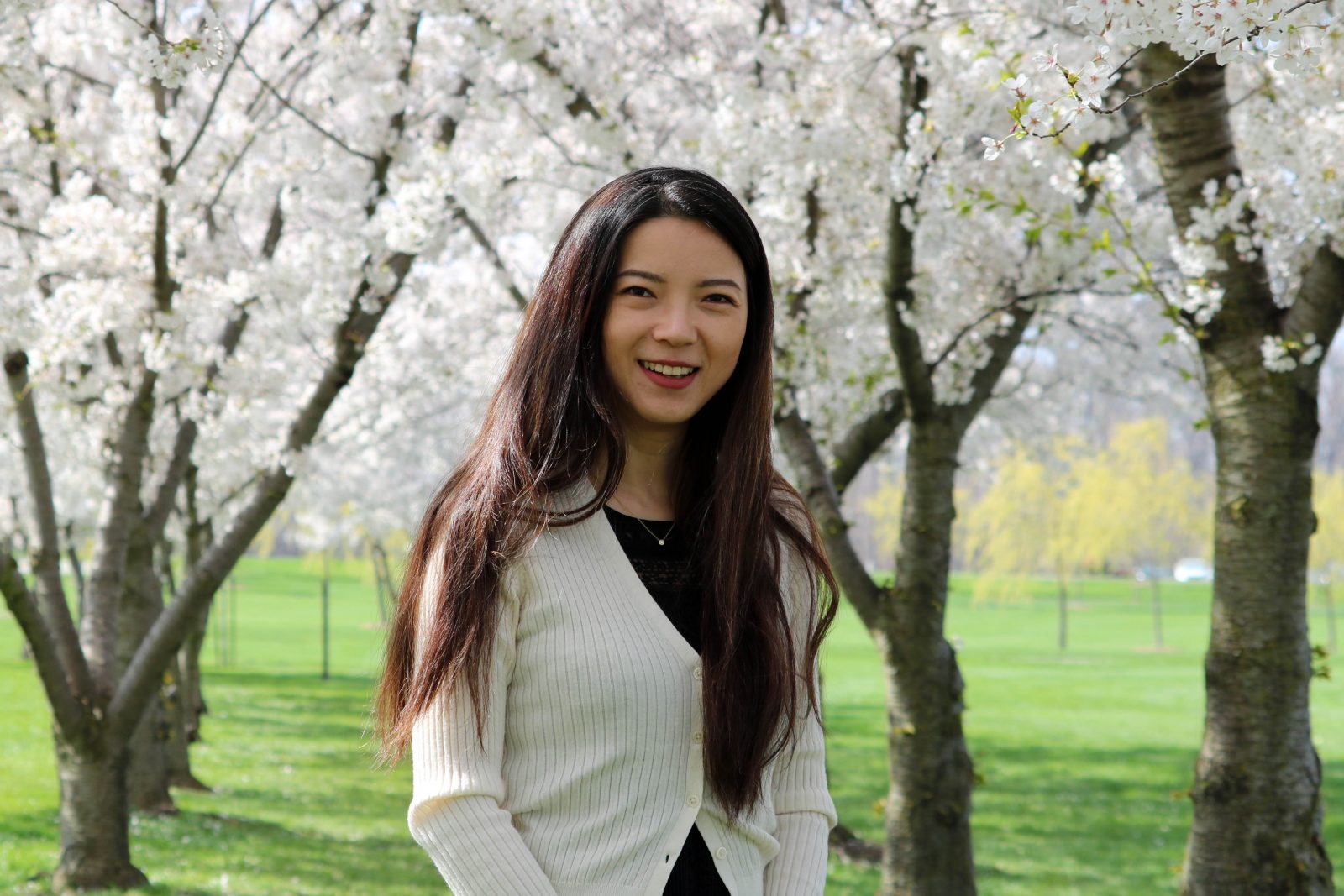 A woman stands in front of two rows of blooming cherry blossom trees.