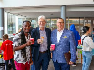 Associate Director, Career Education, Shane Malcolm, Dean of the Goodman School of Business, Barry Wright, and President of the Thornton Group of Companies, Neil Thornton, enjoy a glass of lemonade.