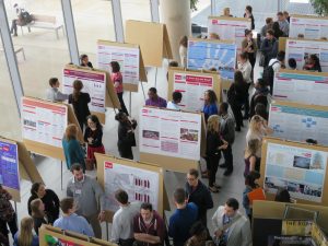 A large crowd of people look at more than a dozen research poster presentations, which are displayed on cork board easels and lined in rows in a large and brightly lit hallway at Brock University.