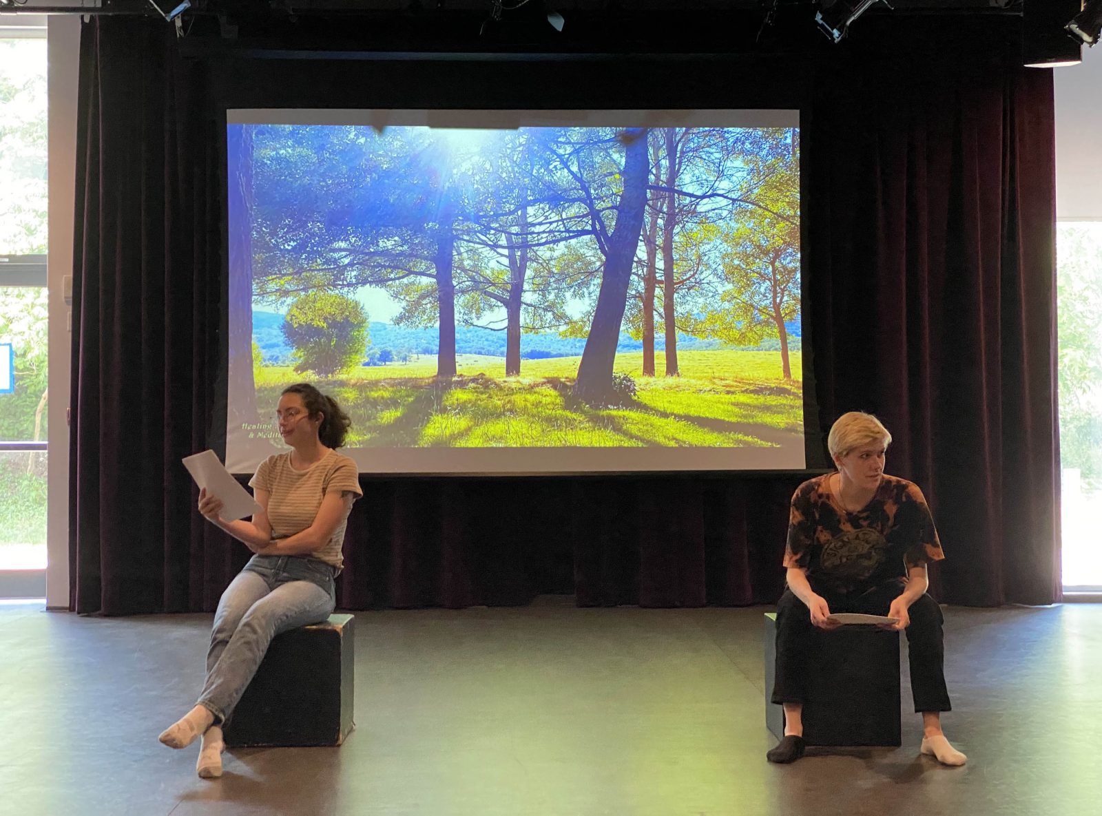 Two students in street clothing sit in a dramatic arts studio with a backdrop image of two large trees on a sunny day behind them. The students are engaged with a script during a workshop session.