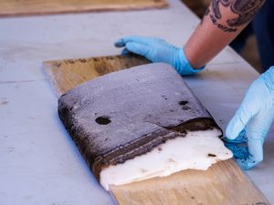 A frozen slab of dark-brown mud sits on a table, with a pair of hands wearing blue gloves holding it up.