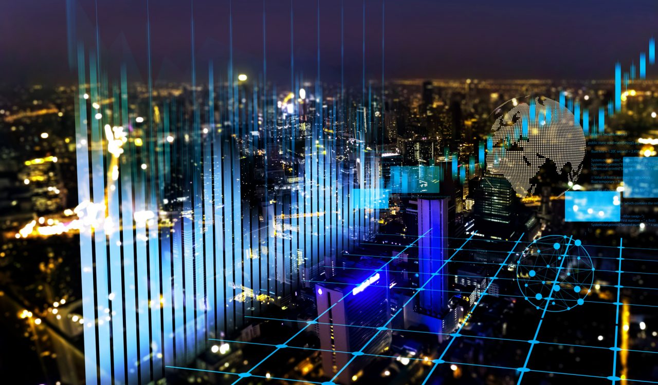 Graphics imposed over a night view of a city show beams and points of light reaching into the sky over different buildings.