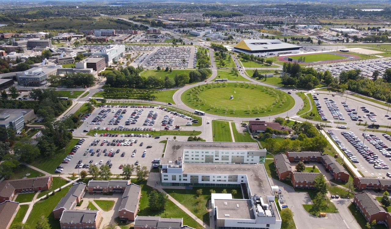 An aerial view of parking lots on Brock University's campus.