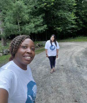 Brock Educational Studies students Wendy Forbes and Simranjeet Kaur take a selfie at LakeShift, a writing camp for doctoral students.