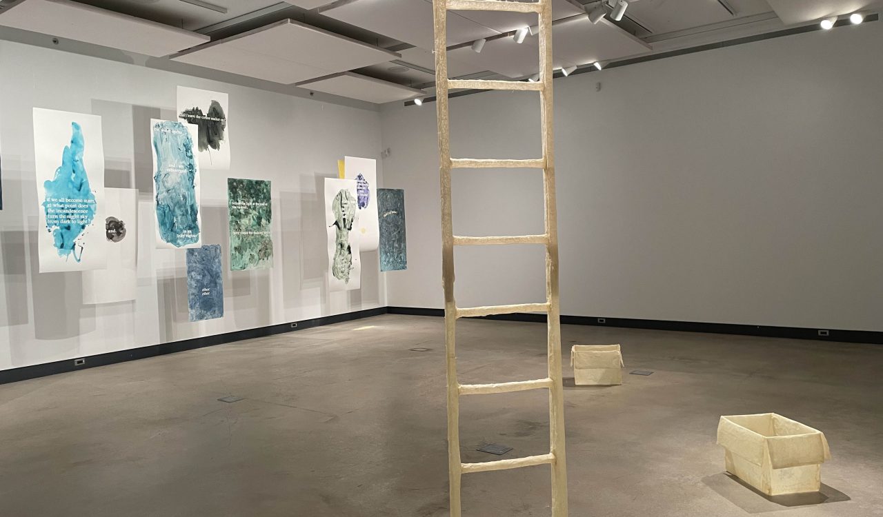 Artwork shaped like a ladder hangs in an art exhibition.
