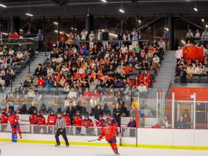 The stands at Canada Games Park are filled with fans to watch a hockey game between the Brock women’s varsity team and the Chinese women’s national hockey team.