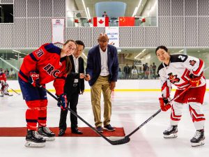 A ceremonial hockey faceoff took place prior to the Brock women’s hockey team versus the Chinese women’s national team at Canada Games Park on Thursday, Oct. 5. The moment consisted of Ashley Robitaille of the Brock Badgers, Deputy Consul General Cheng Hongbo from the Consulate General of the People's Republic of China in Toronto, Brad Clarke, Associate Vice-President, Students and Baiwei Yu of Team China.