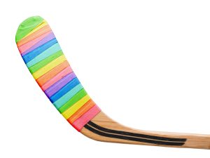 Hockey stick wrapped in rainbow tape.