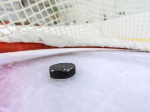 Hockey net with puck in goal.