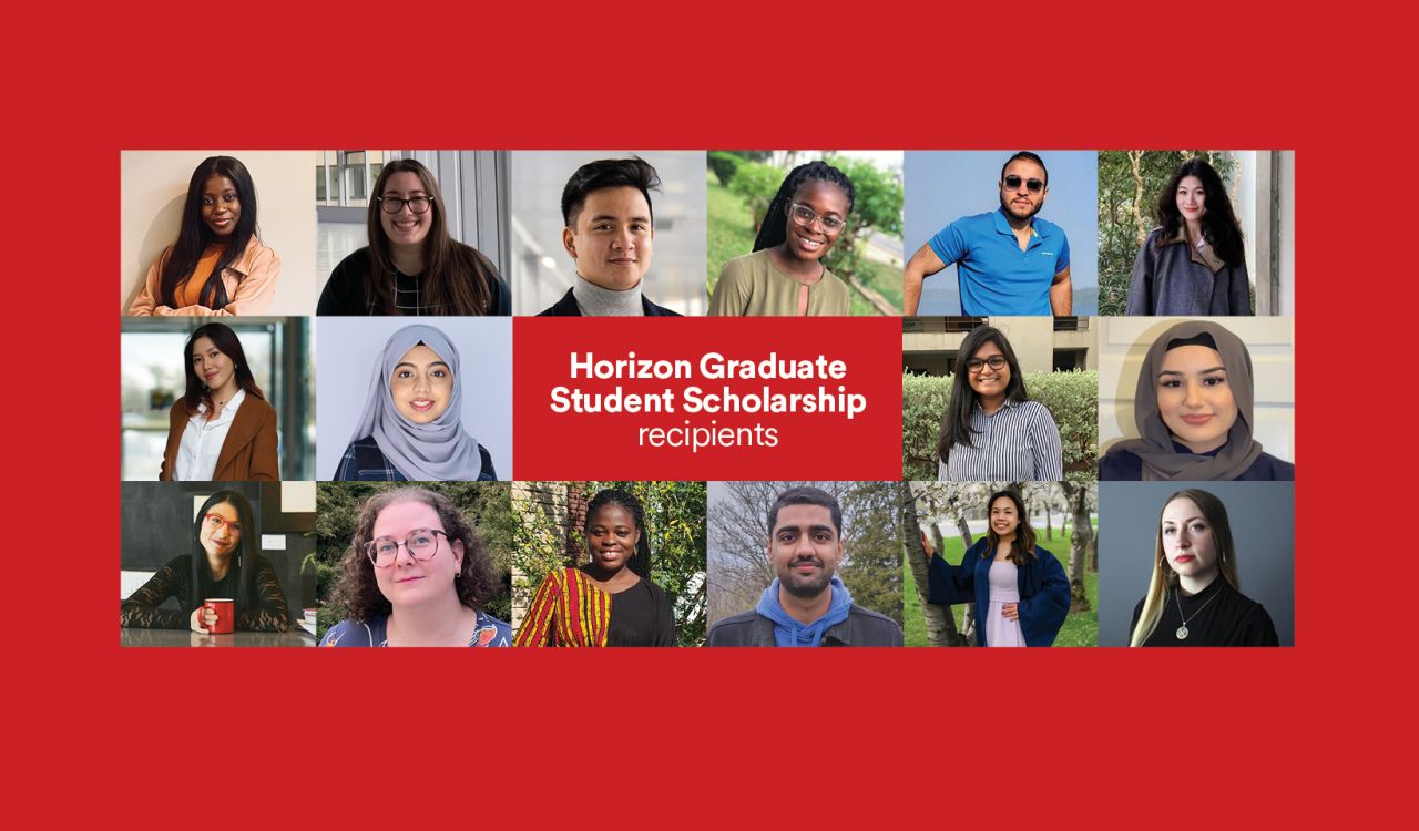 A collage of 16 photos of graduate students surrounded by a red background with the words 