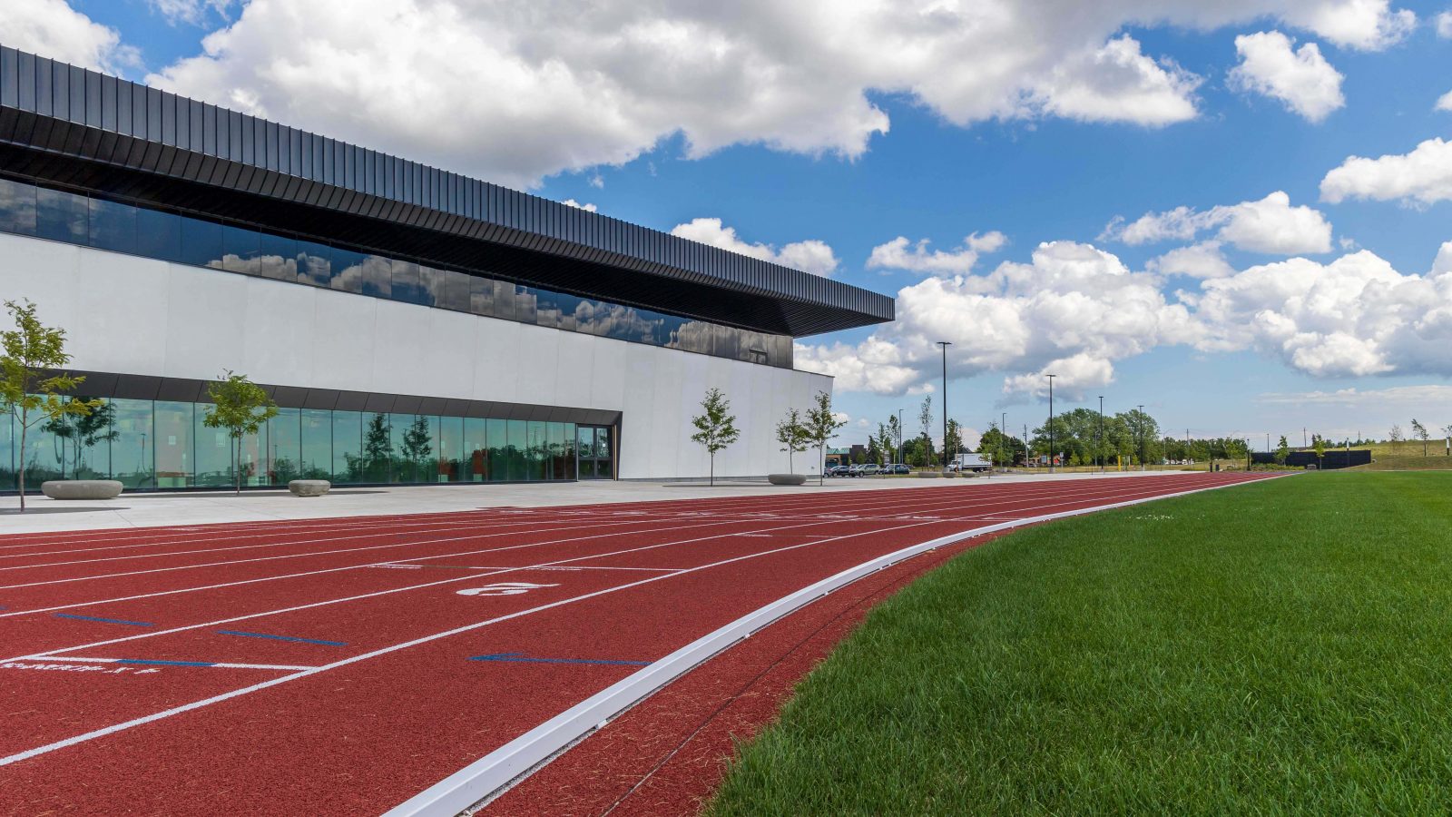A view of Canada Games Park with the track in frame, facing the direction of Brock University.