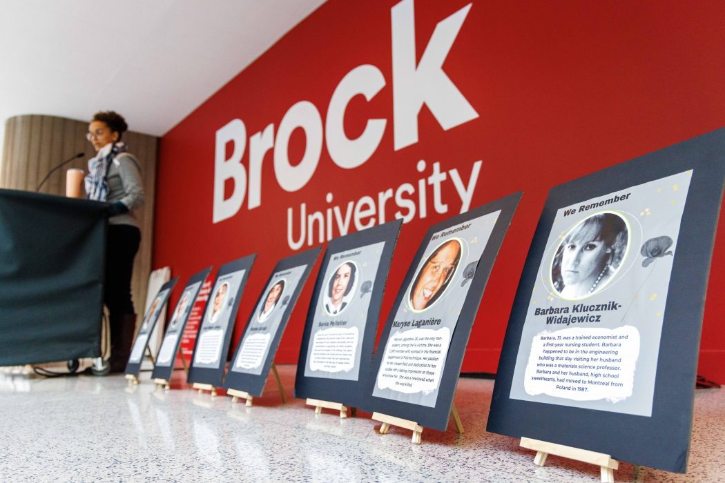 Memorial displays of young women who were murdered during the Ecole Polytechnique massacre stand in the centre of Brock University.
