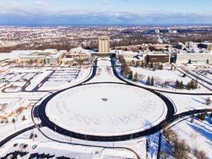 Brock University's main campus in winter as seen from the air.