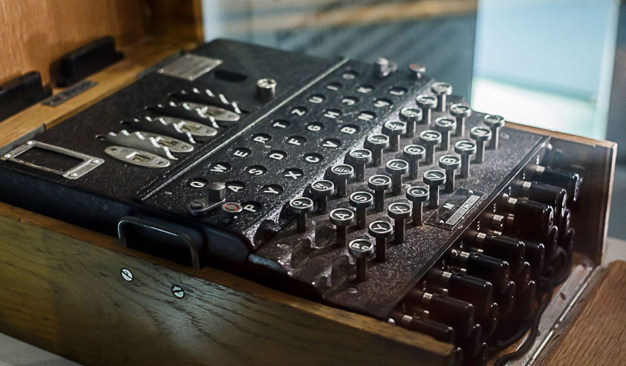 The German Enigma encryption device, a machine with two sets of keyboards.