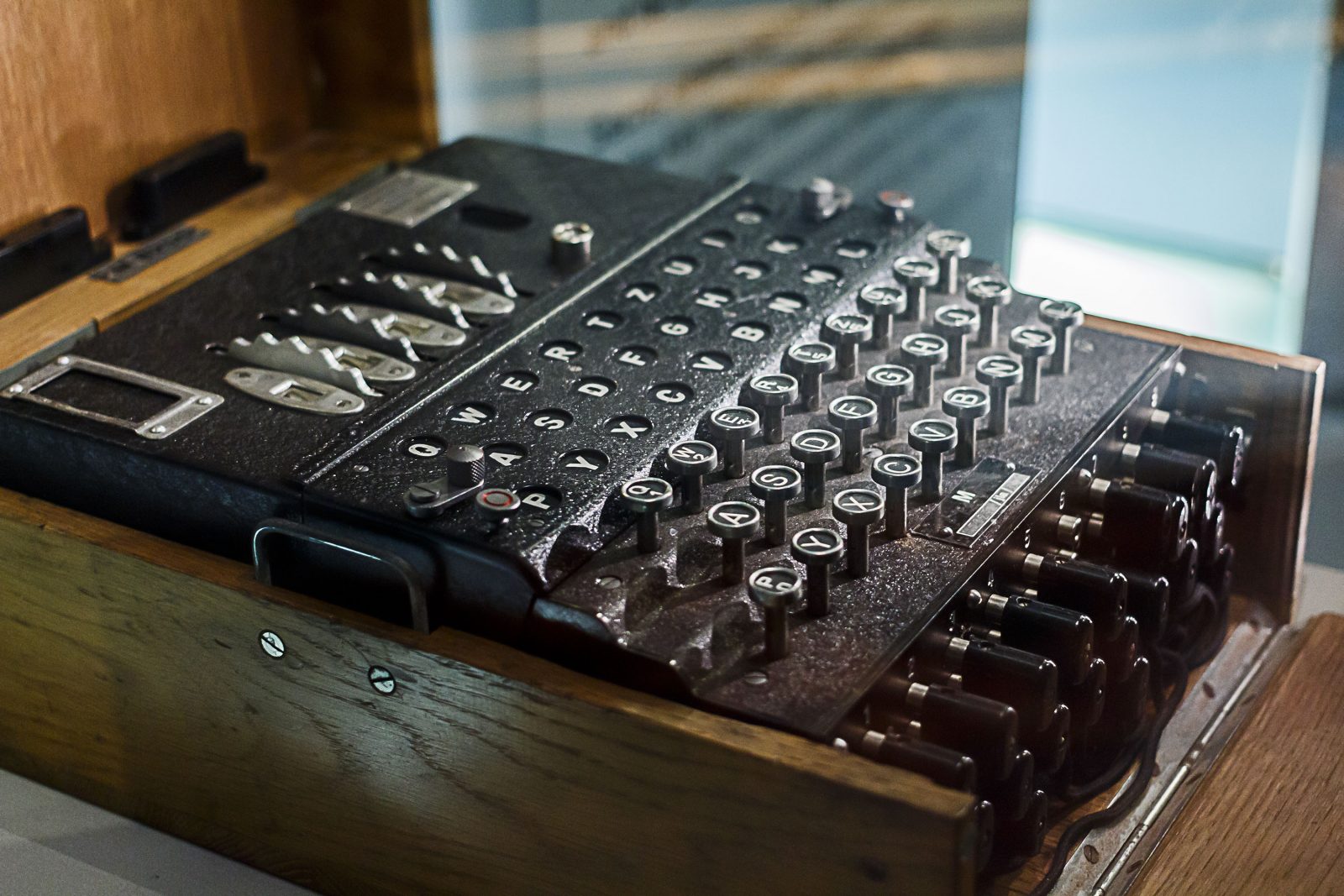 The German Enigma encryption device, a machine with two sets of keyboards.