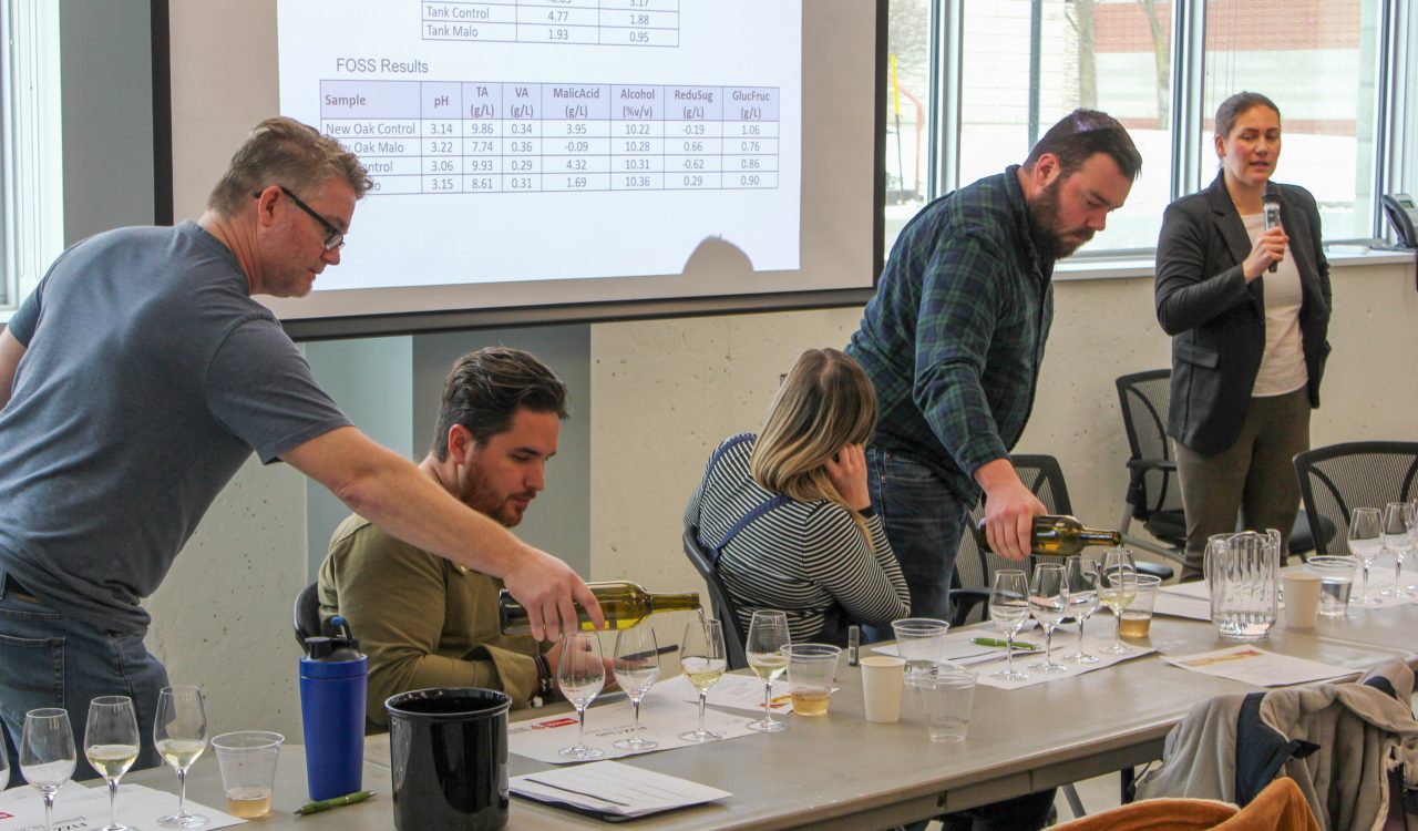 Two men pour samples of sparkling wine to people seated at a table, while a female stands with a microphone explaining the science behind the wine. In the background there is a screen depicting information regarding malolactic fermentation