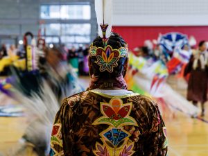 A person in traditional Indigenous regalia, seen from the back, watches dancers at a powwow.